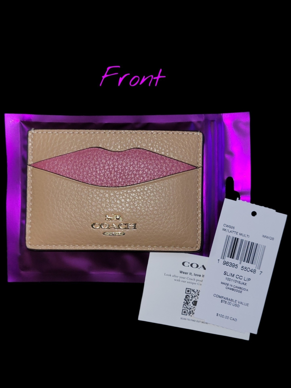 Coach Card Case in Latte with Pink Lip Accent